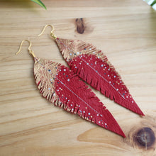 Load image into Gallery viewer, Long Red Reclaimed Leather Feather Earrings, Gold Tops
