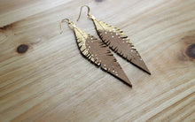 Load image into Gallery viewer, Tan Reclaimed Leather Feather Earrings Gold Tops
