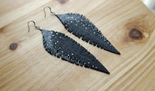 Load image into Gallery viewer, Long Black Reclaimed Leather Feather Earrings, Gun Metal Tops
