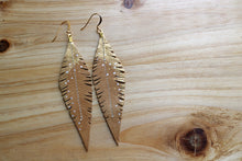 Load image into Gallery viewer, Tan Reclaimed Leather Feather Earrings Gold Tops
