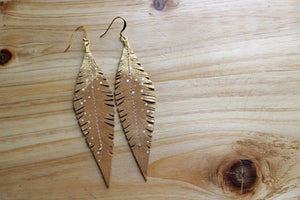 Tan Reclaimed Leather Feather Earrings Gold Tops
